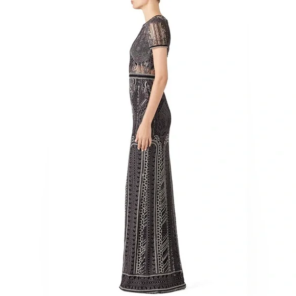 Marchesa Notte Embellished Embroidered Black Silver Gown Sequin